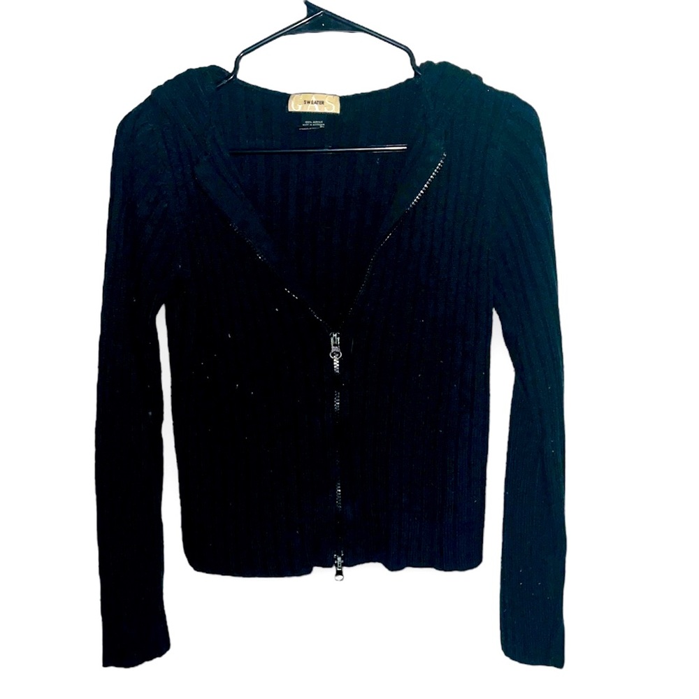 Vintage Woman’s GAS Sweater Black Acrylic Knit Double Zipper Hooded Sweatshirt - Picture 2 of 8